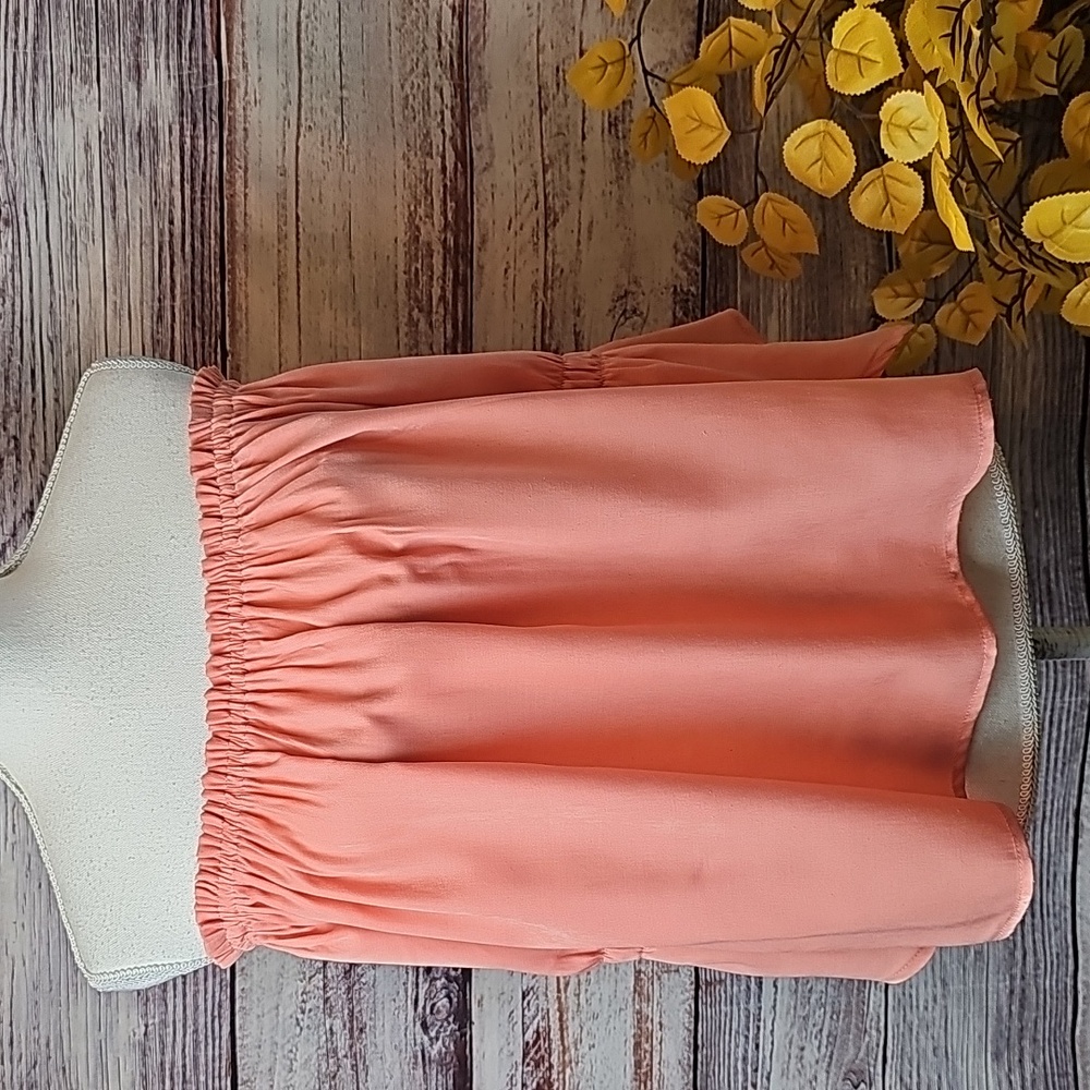 NOBLE U MELON OFF THE SHOULDER 3/4 ASYMMETRICAL SLEEVE BABYDOLL CROP TOP - Picture 3 of 12